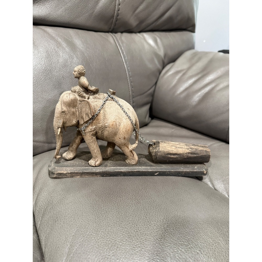 Vintage Wooden Elephant Statue with Rider and Log Pulling Asian Decor Burma 1981
